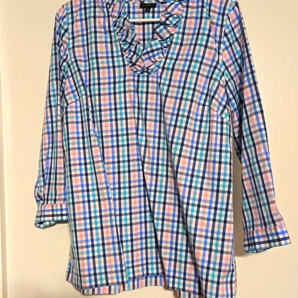 Talbots Women’s Pastel Plaid Ruffle Collar 3/4 Sleeve Top 8